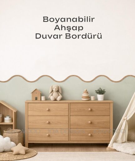 Dalga Dekoratif Boyanabilir Duvar Bordürü - Çocuk Yatak Odası Dekorasyon Çıta Bordür Ham Ahşap MDF